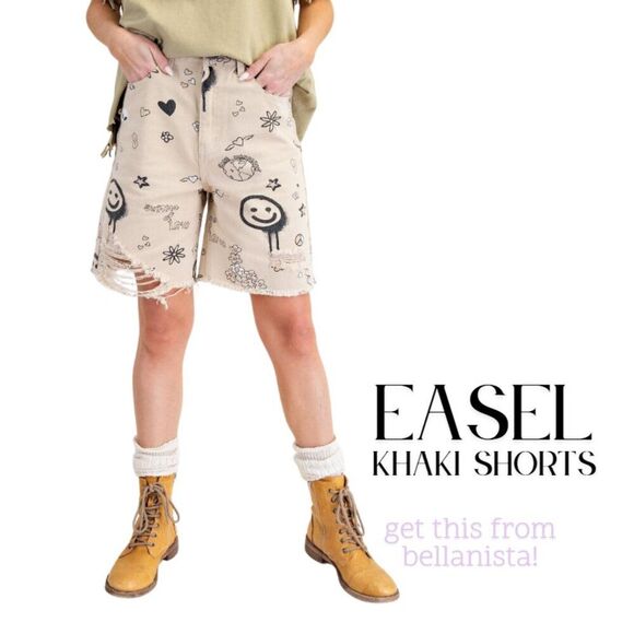 easel Pants - easel shorts Khaki Jean Shorts with Black smile smiley face womens size large LG